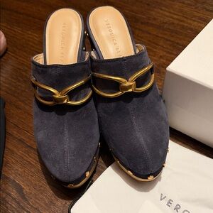 Veronica Beard Navy Suede Mules with Gold Accents